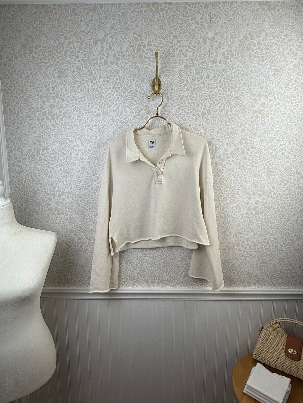 NSF Ivory 100% Cotton Cropped Polo Distressed Sweatshirt - Size - Small